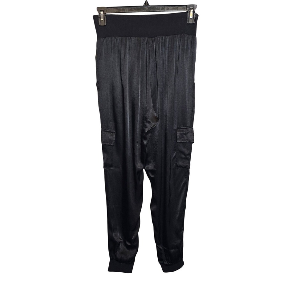 Fate Cargo Jogger Pants Womens Size M Black Satin Viscose High Waist Ribbed Trim